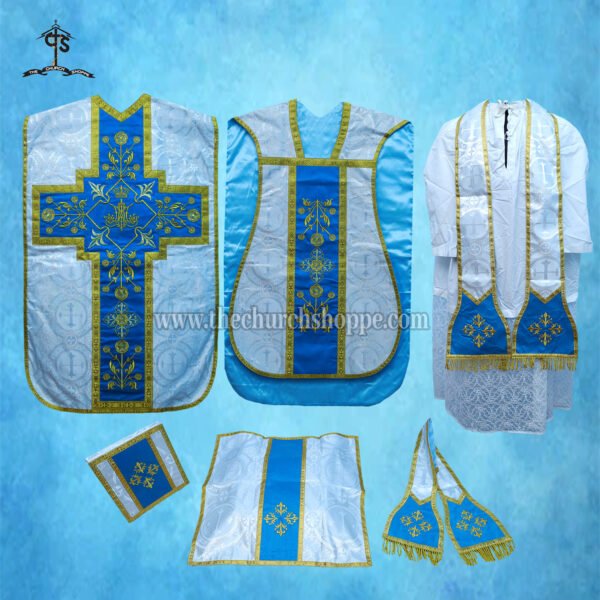 METALLIC SILVER ROMAN FIDDLEBACK CHASUBLE AND MASS SET WITH AVE MARIA EMBROIDERY