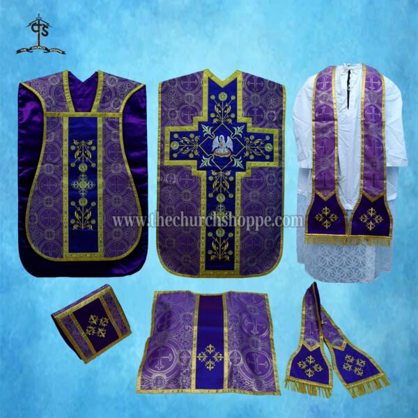 METALLIC VIOLET ROMAN FIDDLEBACK CHASUBLE AND MASS SET WITH PELICAN EMBROIDERY