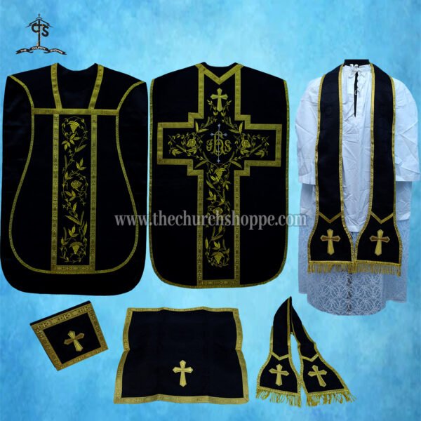 BLACK ROMAN FIDDLEBACK CHASUBLE AND MASS SET WITH IHS EMBROIDERY