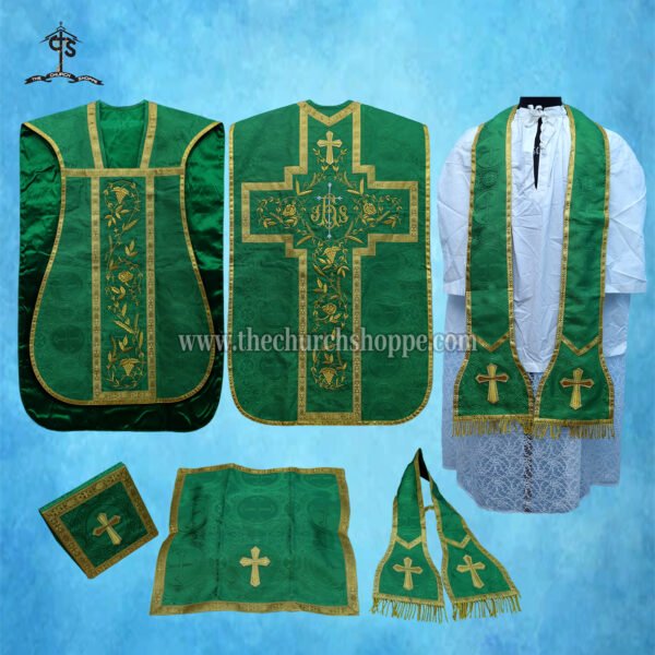GREEN ROMAN FIDDLEBACK CHASUBLE AND MASS SET WITH IHS EMBROIDERY