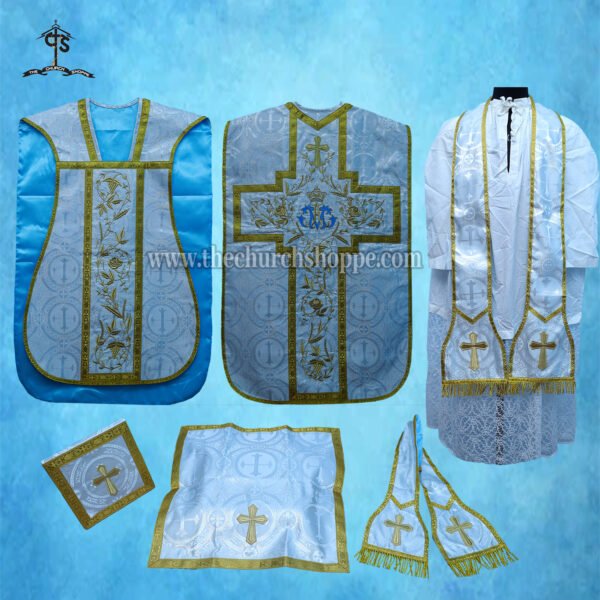 METALLIC SILVER ROMAN FIDDLEBACK CHASUBLE AND MASS SET WITH AVE MARIA EMBROIDERY