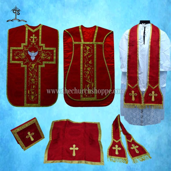 RED ROMAN FIDDLEBACK CHASUBLE AND MASS SET WITH HOLY SPIRIT EMBROIDERY