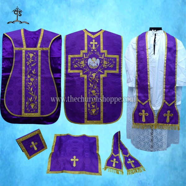 VIOLET ROMAN FIDDLEBACK CHASUBLE AND MASS SET WITH PELICAN EMBROIDERY