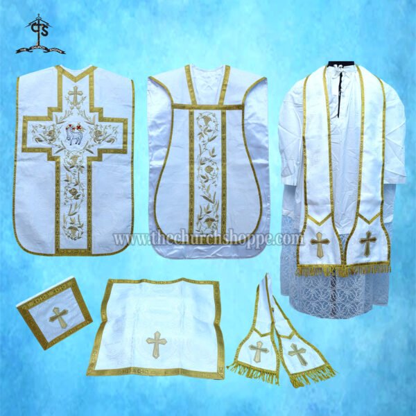 WHITE ROMAN FIDDLEBACK CHASUBLE AND MASS SET WITH AGNUS DEI EMBROIDERY