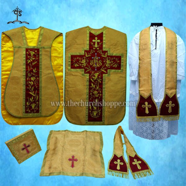 YELLOW ROMAN FIDDLEBACK CHASUBLE AND MASS SET WITH IHS EMBROIDERY
