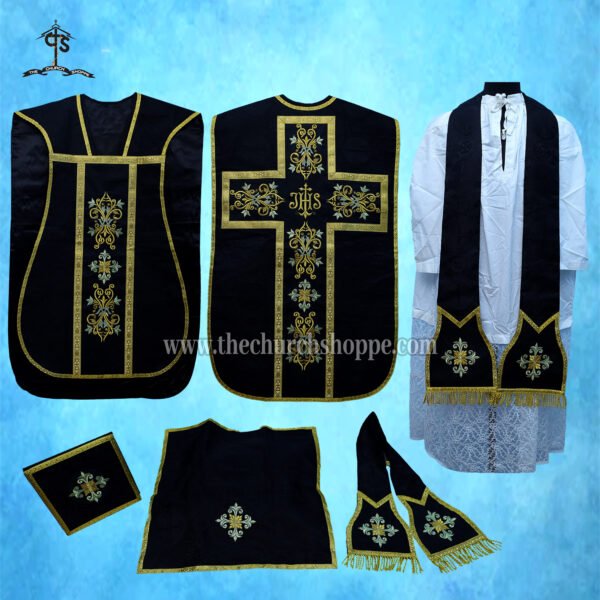 BLACK ROMAN FIDDLEBACK CHASUBLE AND MASS SET WITH IHS EMBROIDERY