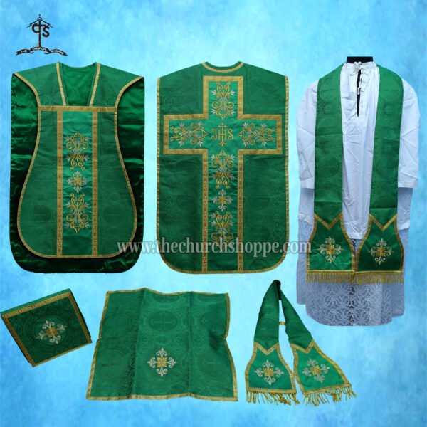 GREEN ROMAN FIDDLEBACK CHASUBLE AND MASS SET WITH IHS EMBROIDERY