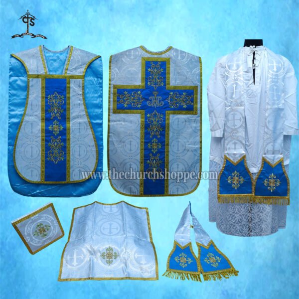 METALLIC SILVER ROMAN FIDDLEBACK CHASUBLE AND MASS SET WITH AVE MARIA EMBROIDERY
