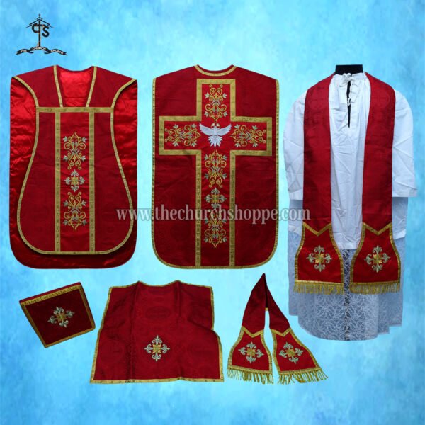 RED ROMAN FIDDLEBACK CHASUBLE AND MASS SET WITH HOLY SPIRIT EMBROIDERY
