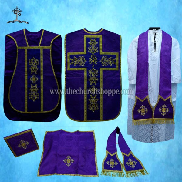 VIOLET ROMAN FIDDLEBACK CHASUBLE AND MASS SET WITH CHI RHO EMBROIDERY