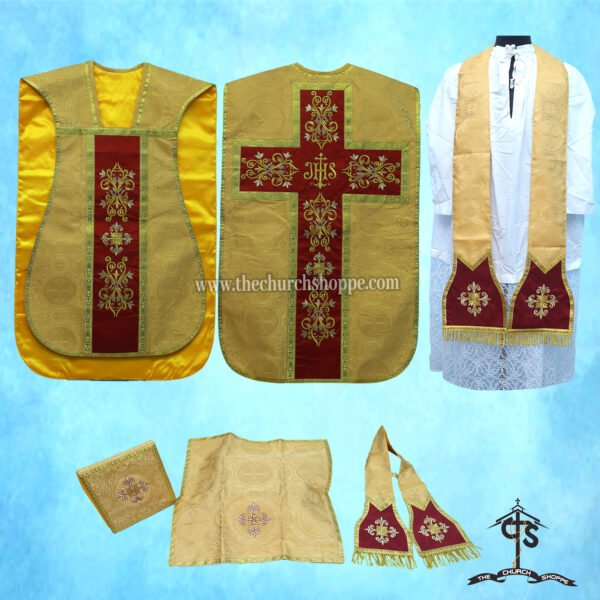 YELLOW ROMAN FIDDLEBACK CHASUBLE AND MASS SET WITH IHS EMBROIDERY