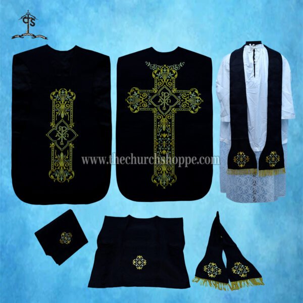 BLACK ROMAN FIDDLEBACK CHASUBLE AND MASS SET WITH CHI RHO EMBROIDERY