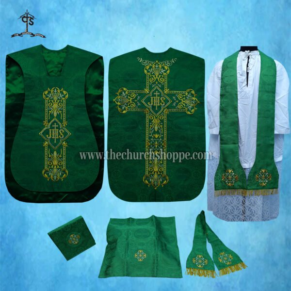 GREEN ROMAN FIDDLEBACK CHASUBLE AND MASS SET WITH IHS EMBROIDERY