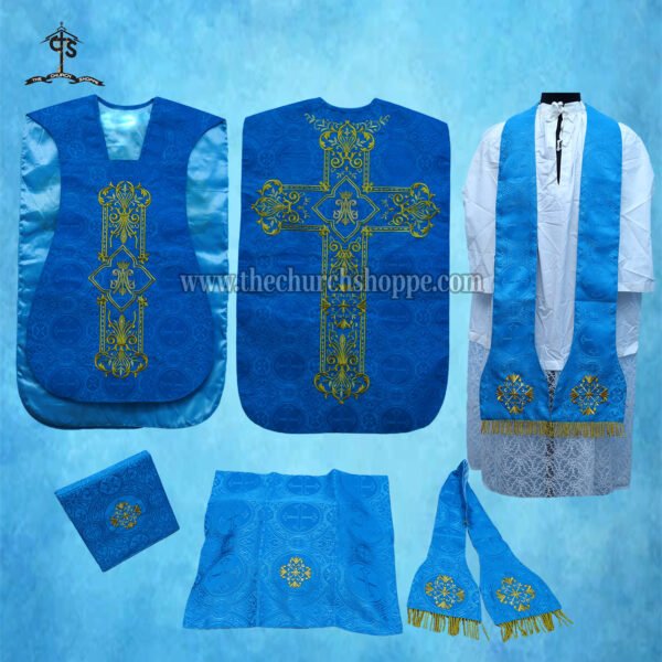MARIAN BLUE ROMAN FIDDLEBACK CHASUBLE AND MASS SET WITH AVE MARIA EMBROIDERY