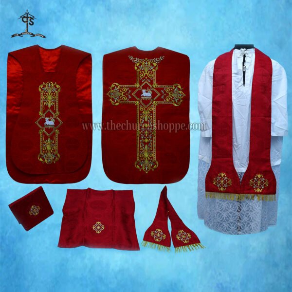 RED ROMAN FIDDLEBACK CHASUBLE AND MASS SET WITH AGNUS DEI EMBROIDERY