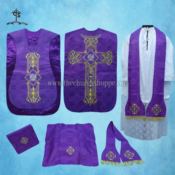 VIOLET ROMAN FIDDLEBACK CHASUBLE AND MASS SET WITH PELICAN EMBROIDERY