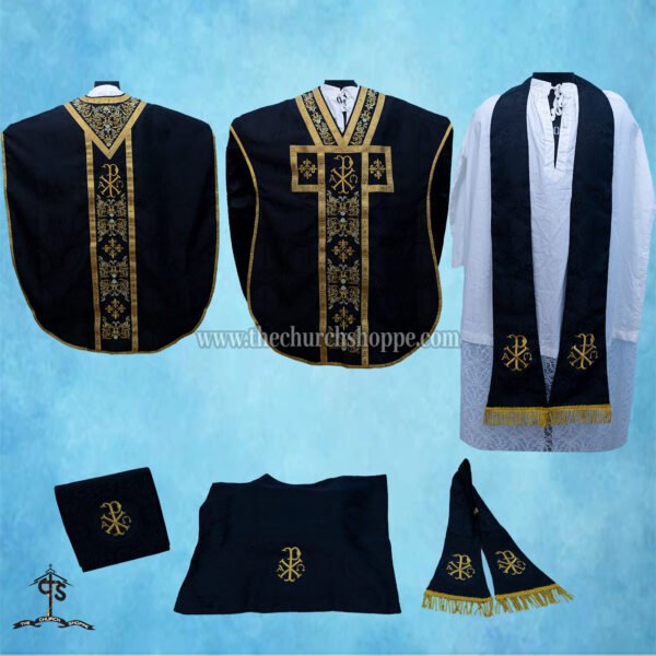BLACK ST. PHILIP NERI VESTMENT AND MASS SET WITH CHI RHO EMBROIDERY