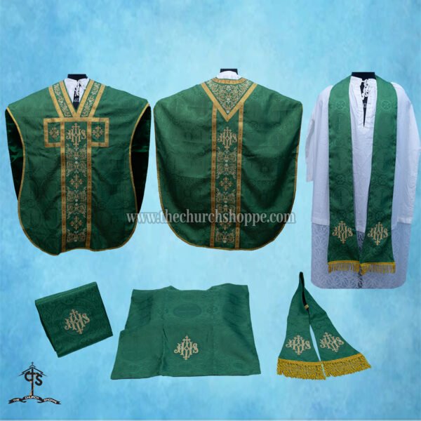 GREEN ST. PHILIP NERI VESTMENT AND MASS SET WITH IHS EMBROIDERY