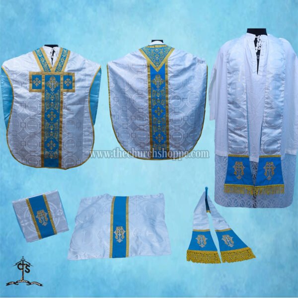 METALLIC SILVER  ST. PHILIP NERI VESTMENT AND MASS SET WITH AVE MARIA  EMBROIDERY