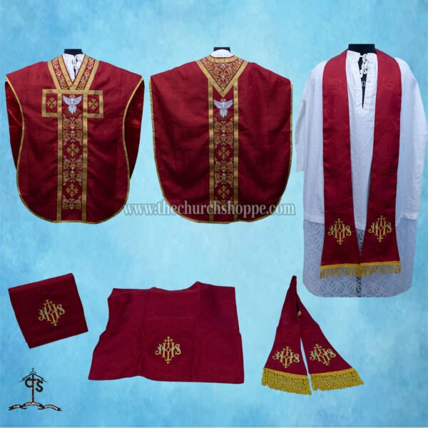 RED ST. PHILIP NERI VESTMENT AND MASS SET WITH HOLY SPIRIT EMBROIDERY