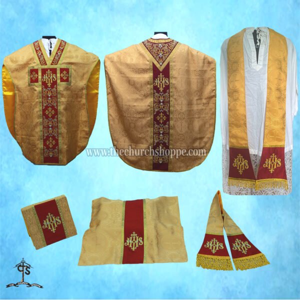 YELLOW  ST. PHILIP NERI VESTMENT AND MASS SET WITH IHS  EMBROIDERY