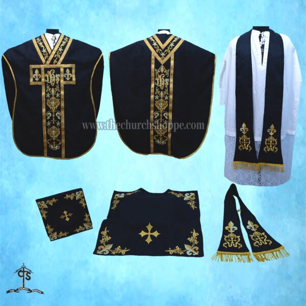 BLACK ST. PHILIP NERI VESTMENT AND MASS SET WITH IHS EMBROIDERY