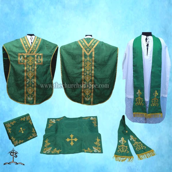 GREEN ST. PHILIP NERI VESTMENT AND MASS SET WITH CHI RHO EMBROIDERY