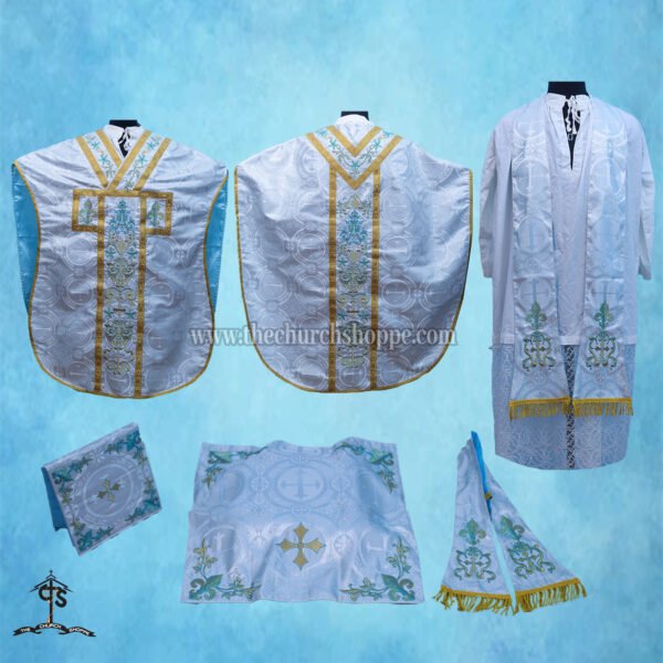 METALLIC SILVER  ST. PHILIP NERI VESTMENT AND MASS SET WITH AVE MARIA EMBROIDERY