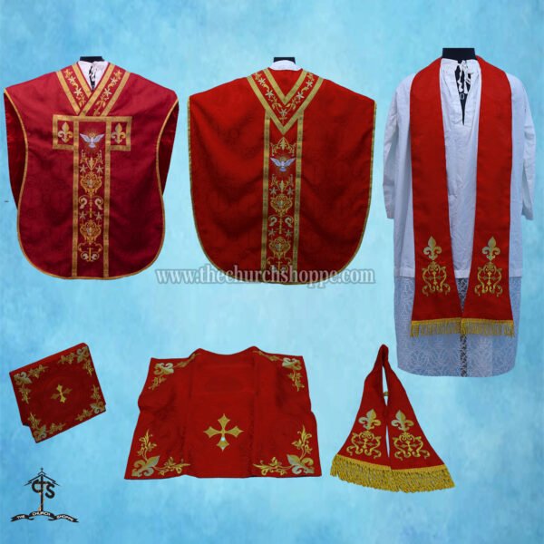 RED ST. PHILIP NERI VESTMENT AND MASS SET WITH HOLY SPIRIT EMBROIDERY