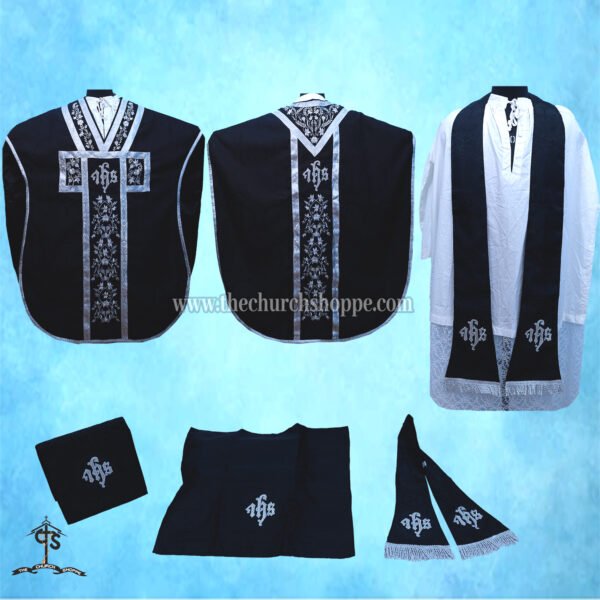 BLACK ST. PHILIP NERI VESTMENT AND MASS SET WITH IHS EMBROIDERY