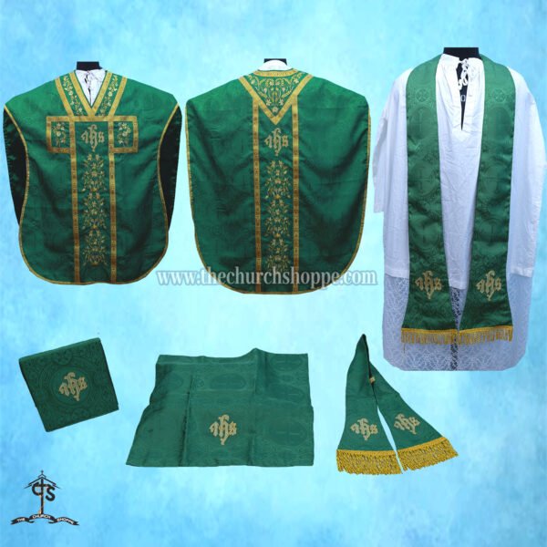 GREEN ST. PHILIP NERI VESTMENT AND MASS SET WITH IHS EMBROIDERY