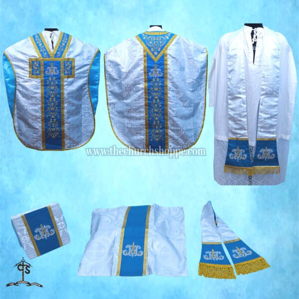 METALLIC SILVER  ST. PHILIP NERI VESTMENT AND MASS SET WITH AVE MARIA  EMBROIDERY