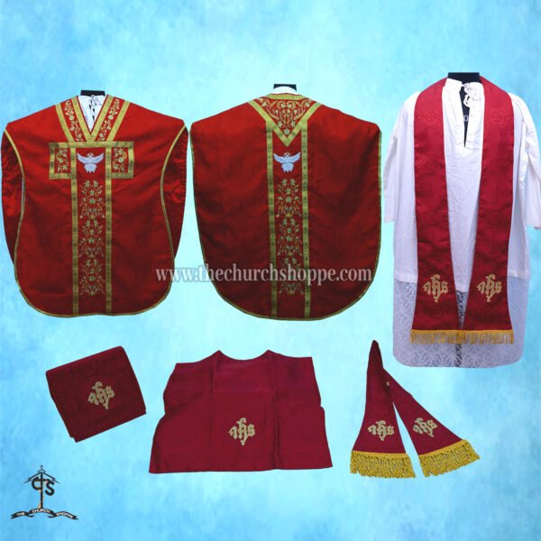 RED ST. PHILIP NERI VESTMENT AND MASS SET WITH HOLY SPIRIT EMBROIDERY