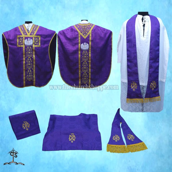 VIOLET ST. PHILIP NERI VESTMENT AND MASS SET WITH PELICAN EMBROIDERY