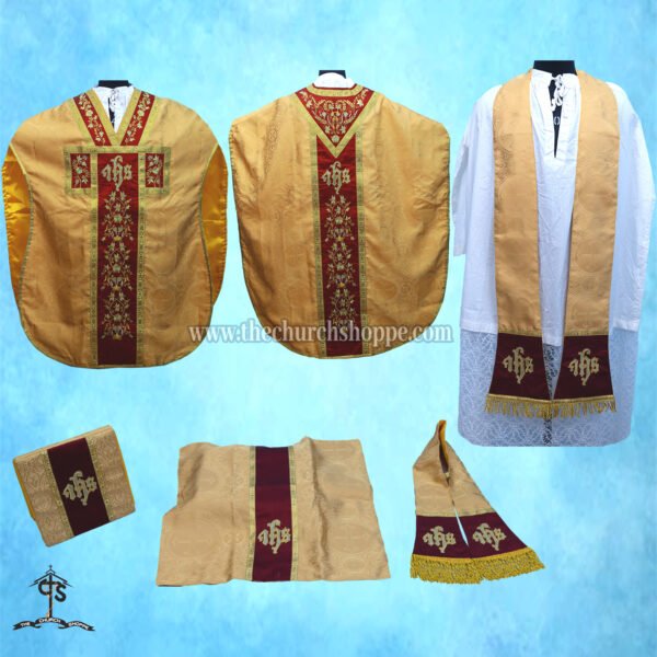 YELLOW  ST. PHILIP NERI VESTMENT AND MASS SET WITH IHS  EMBROIDERY