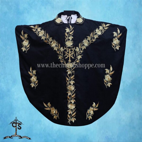 BLACK GOTHIC VESTMENT WITH CHI RHO EMBROIDERY