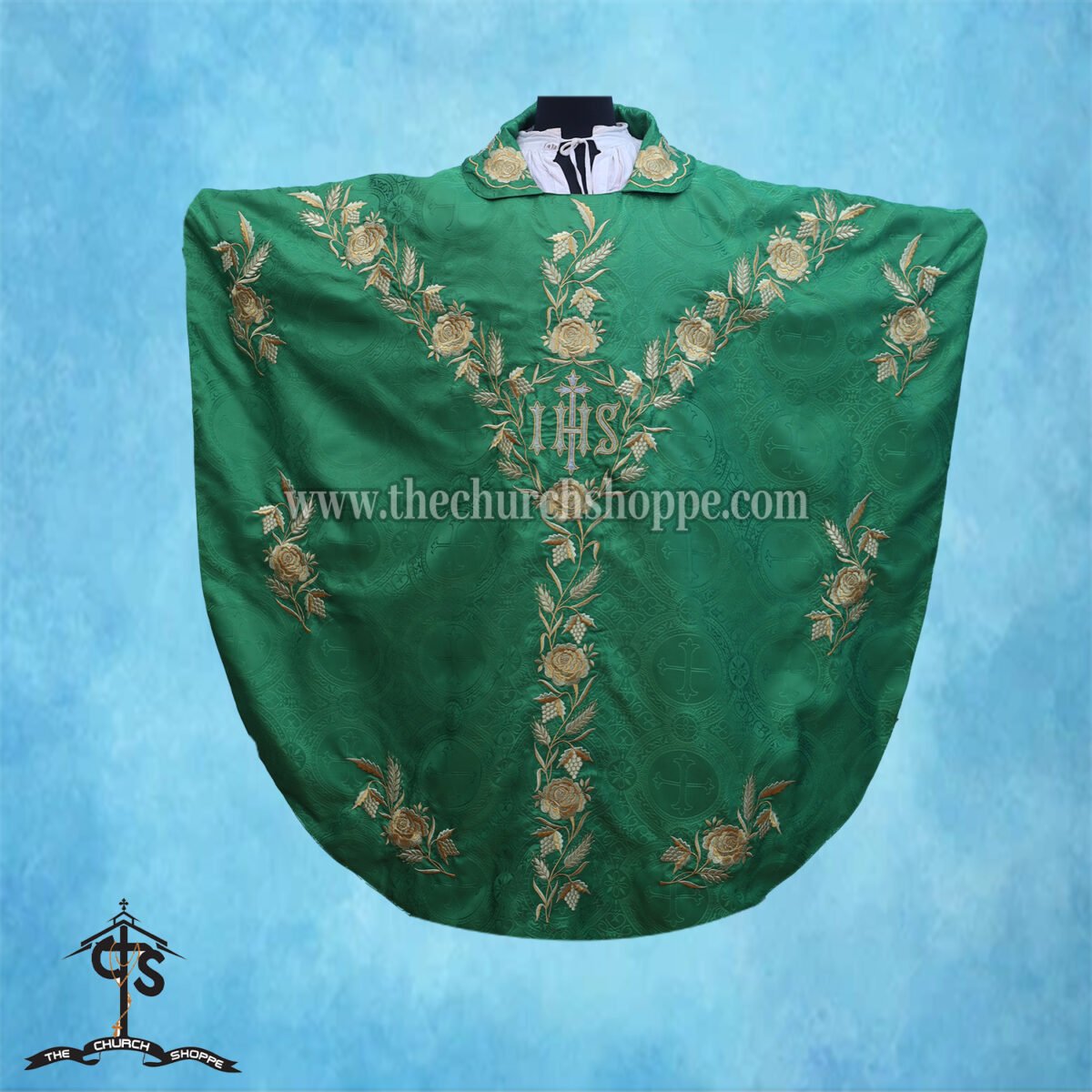 GREEN GOTHIC VESTMENT WITH IHS EMBROIDERY - Image 1