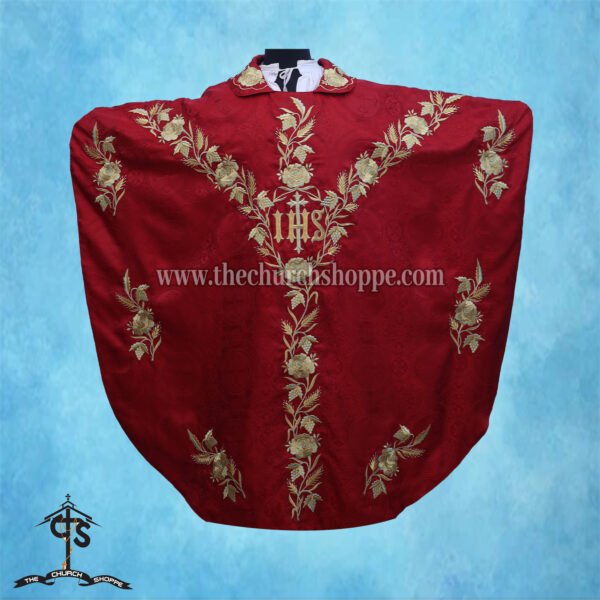 RED GOTHIC VESTMENT WITH IHS AND HOLY SPIRIT EMBROIDERY