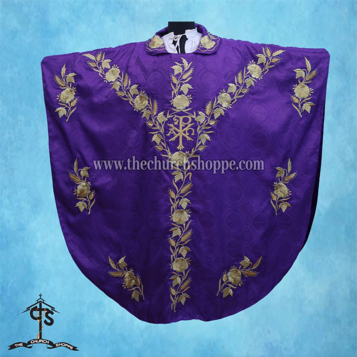 VIOLET GOTHIC VESTMENT WITH PAX AND PELICAN EMBROIDERY - Image 1