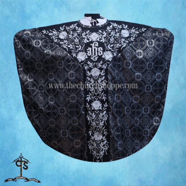 BLACK WITH SILVER GOTHIC VESTMENT WITH IHS EMBROIDERY