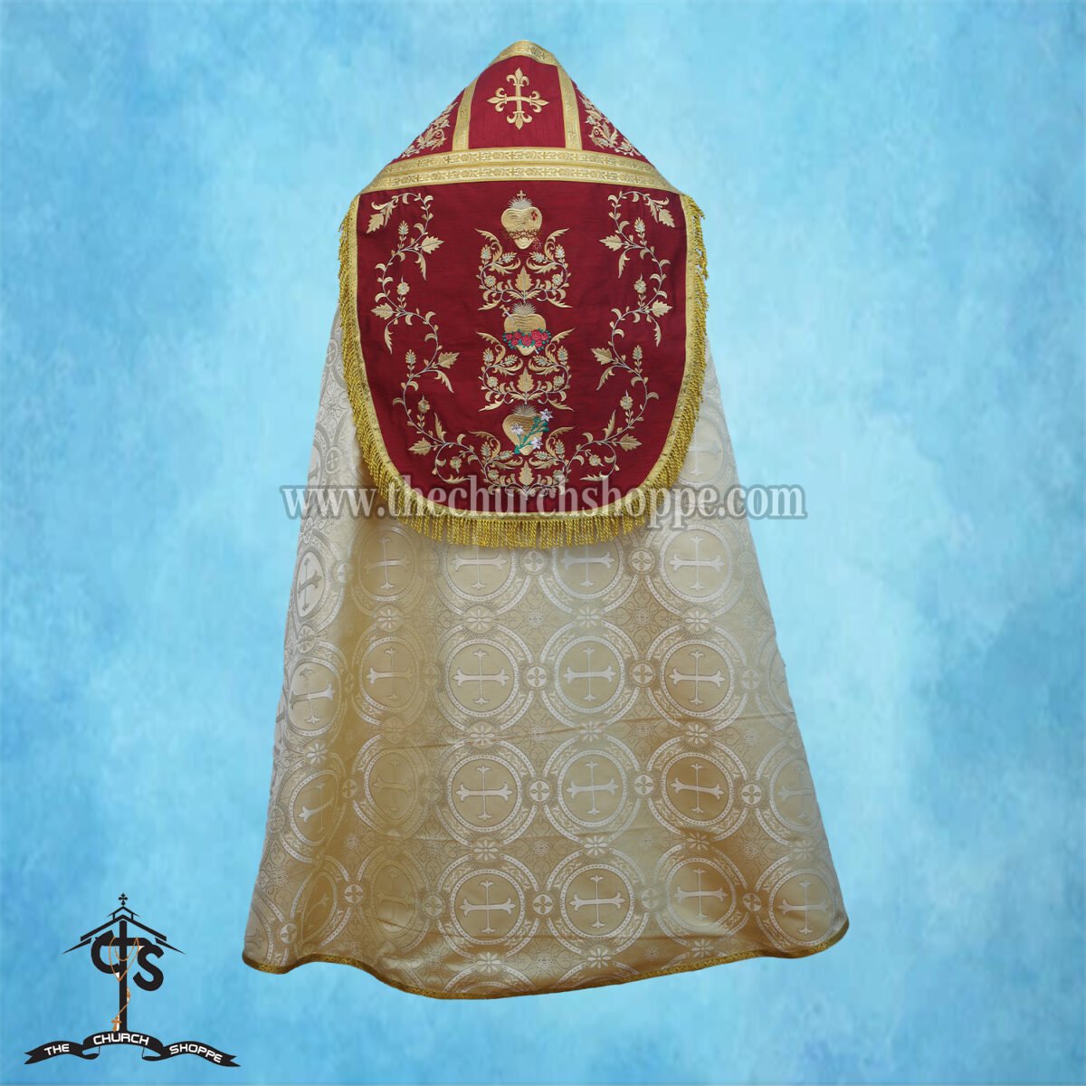METALLIC GOLD ROMAN COPE AND STOLE SET WITH THREE HOLY HEARTS EMBROIDERY - Image 2