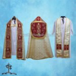 METALLIC GOLD ROMAN COPE AND STOLE SET WITH THREE HOLY HEARTS EMBROIDERY
