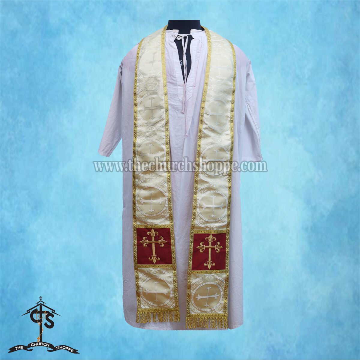 METALLIC GOLD ROMAN COPE AND STOLE SET WITH THREE HOLY HEARTS EMBROIDERY - Image 4