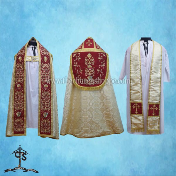 METALLIC GOLD ROMAN COPE AND STOLE SET WITH THREE HOLY HEARTS EMBROIDERY