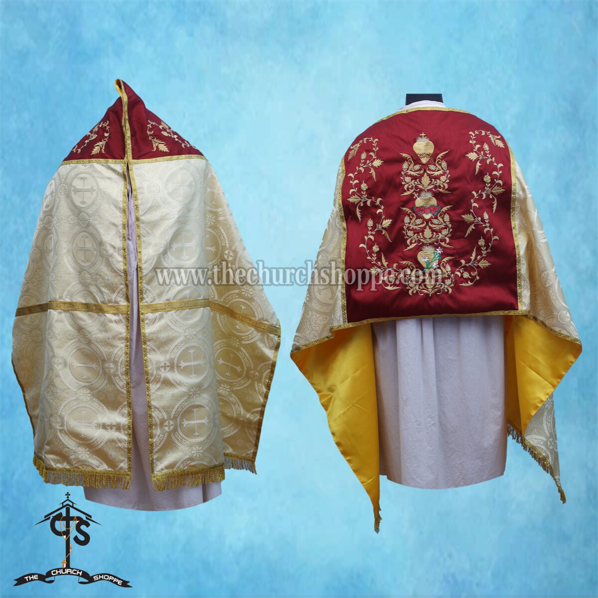 METALLIC GOLD HUMERAL VEIL WITH THREE HOLY HEARTS EMBROIDERY - Image 1