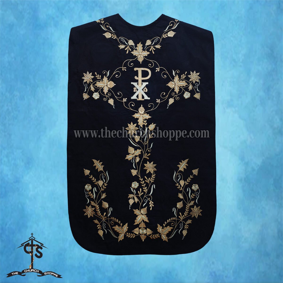 BLACK ROMAN FIDDLEBACK CHASUBLE AND MASS SET WITH PAX EMBROIDERY - Image 2