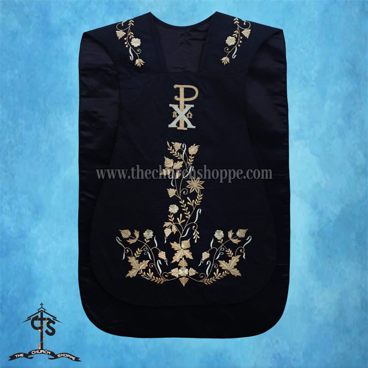 BLACK ROMAN FIDDLEBACK CHASUBLE AND MASS SET WITH PAX EMBROIDERY - Image 3