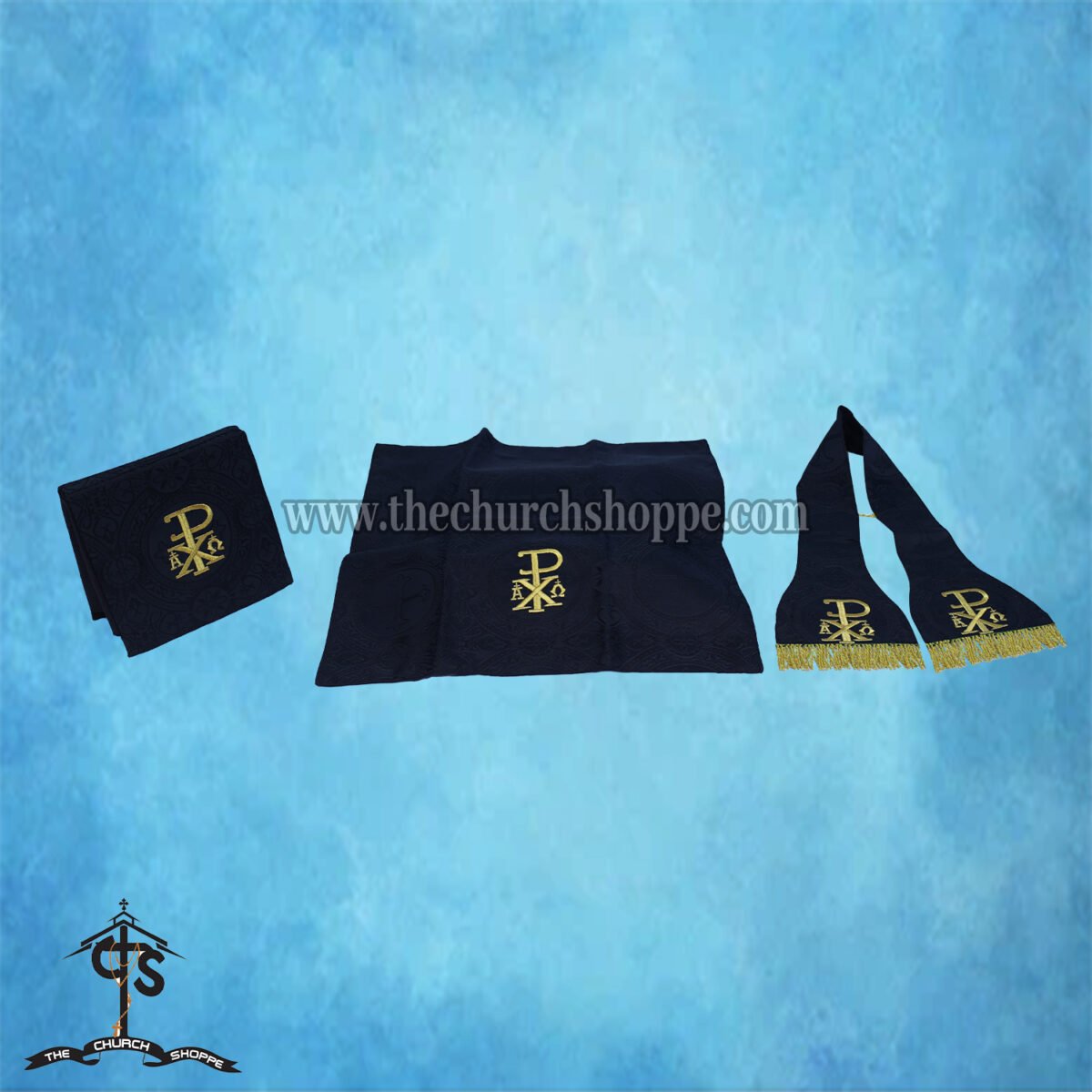 BLACK ROMAN FIDDLEBACK CHASUBLE AND MASS SET WITH PAX EMBROIDERY - Image 5