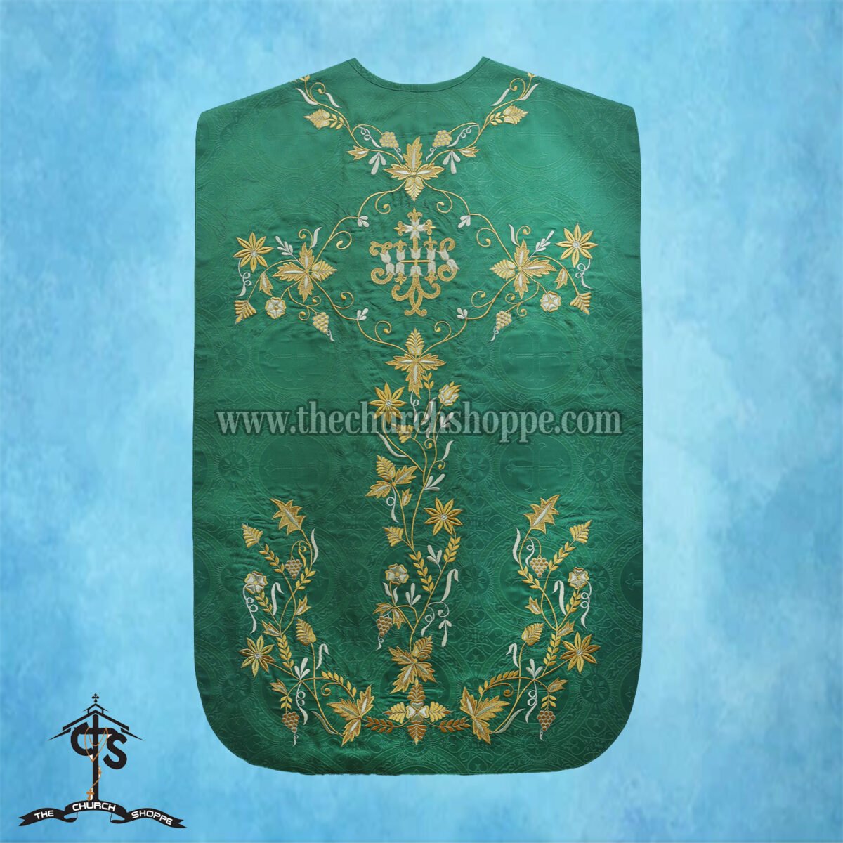 GREEN ROMAN FIDDLEBACK CHASUBLE AND MASS SET WITH IHS EMBROIDERY - Image 2