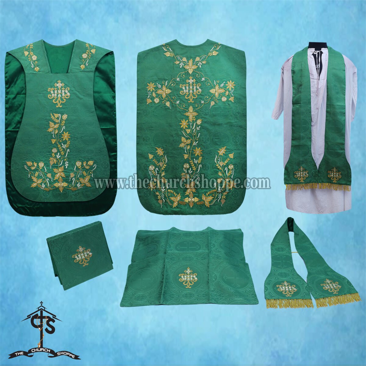 GREEN ROMAN FIDDLEBACK CHASUBLE AND MASS SET WITH IHS EMBROIDERY - Image 1